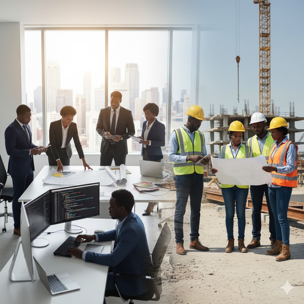 Happy family in front of their house